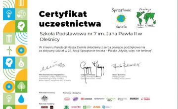 Szkoła nasza otrzymała certyfikat potwierdzający udział w 28. Akcji Sprzątanie świata - Polska.